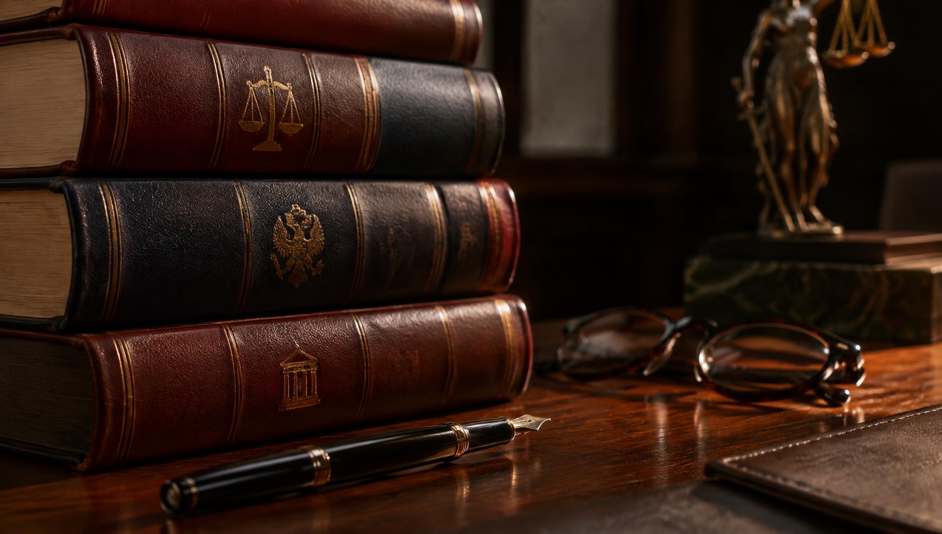 Gesetzbücher und Akten auf einem Schreibtisch aus Walnussholz