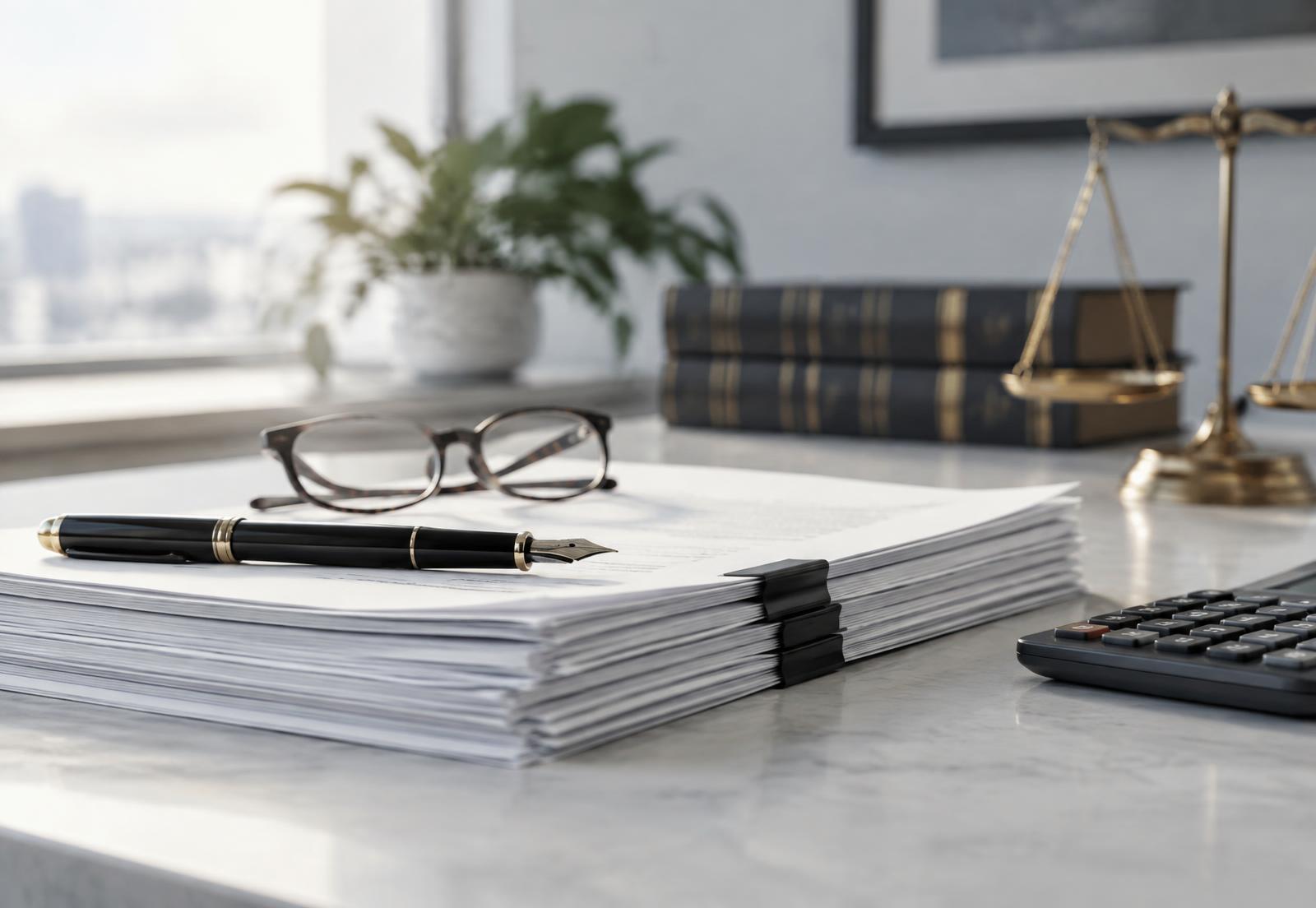 Unterlagen, Brille und Taschenrechner auf einem Schreibtisch